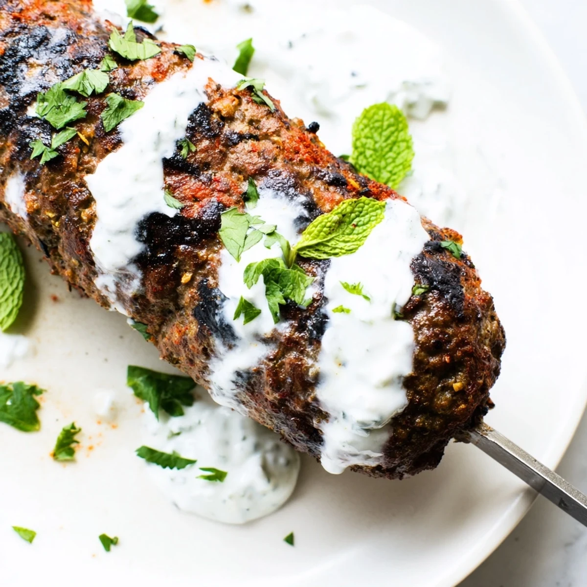Golden-brown Beef Kofta Kebabs with Tzatziki Sauce are garnished with fresh herbs and served with lemon wedges.