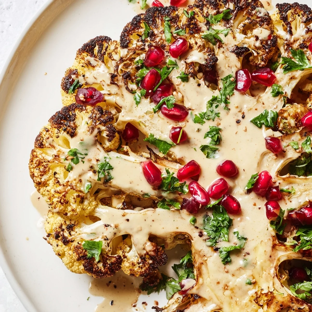 Golden roasted cauliflower steaks drizzled with creamy tahini dressing and fresh parsley garnish.