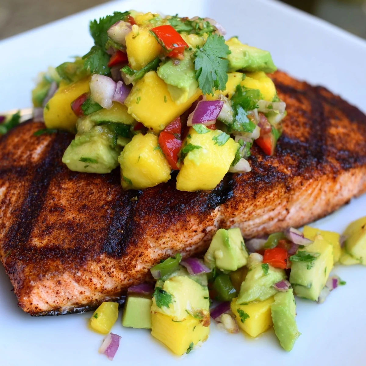 Grilled Salmon with Mango Avocado Salsa topped with vibrant diced mango, creamy avocado, and red onion on a white plate.