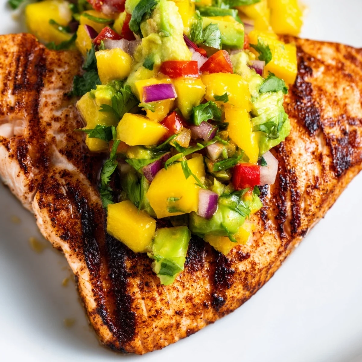 Perfectly charred Grilled Salmon with Mango Avocado Salsa served alongside lime wedges and a fresh green salad on a rustic table.