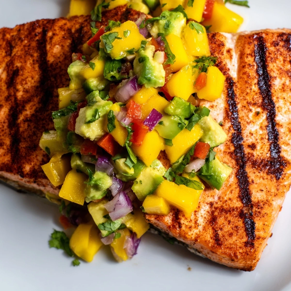 Juicy Grilled Salmon with Mango Avocado Salsa garnished with cilantro and jalapeño, ready to be enjoyed on a sunny summer evening.