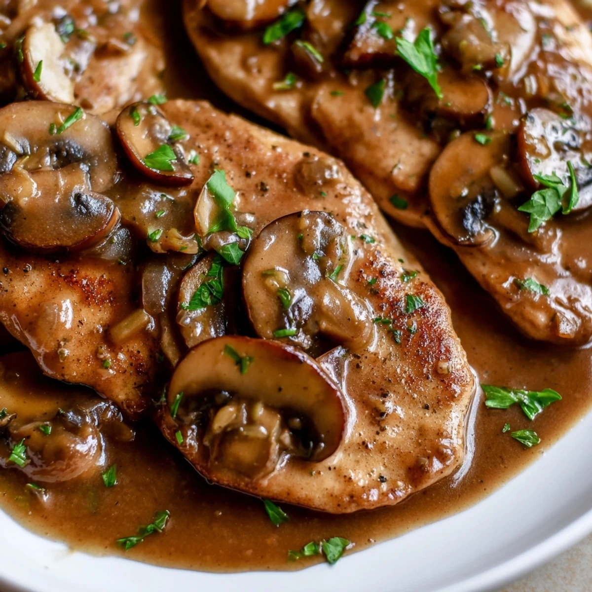 Golden-brown, dredged chicken breasts coated in a rich, dark mushroom Marsala sauce, garnished with fresh parsley.