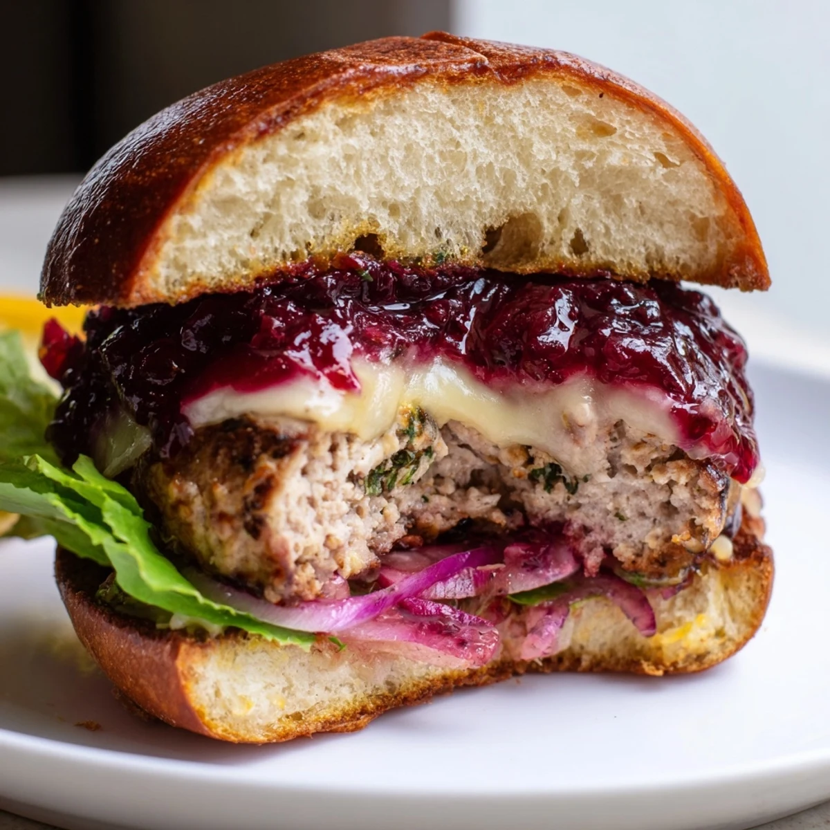 Juicy turkey patties topped with creamy Brie and tangy cranberry sauce on a toasted brioche bun, ready to serve.