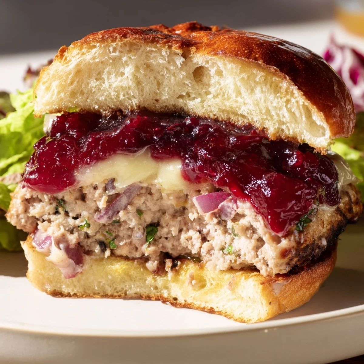 A close-up view of a gourmet Turkey Burger with Cranberry Sauce and Brie, highlighting the melting cheese and vibrant red sauce.