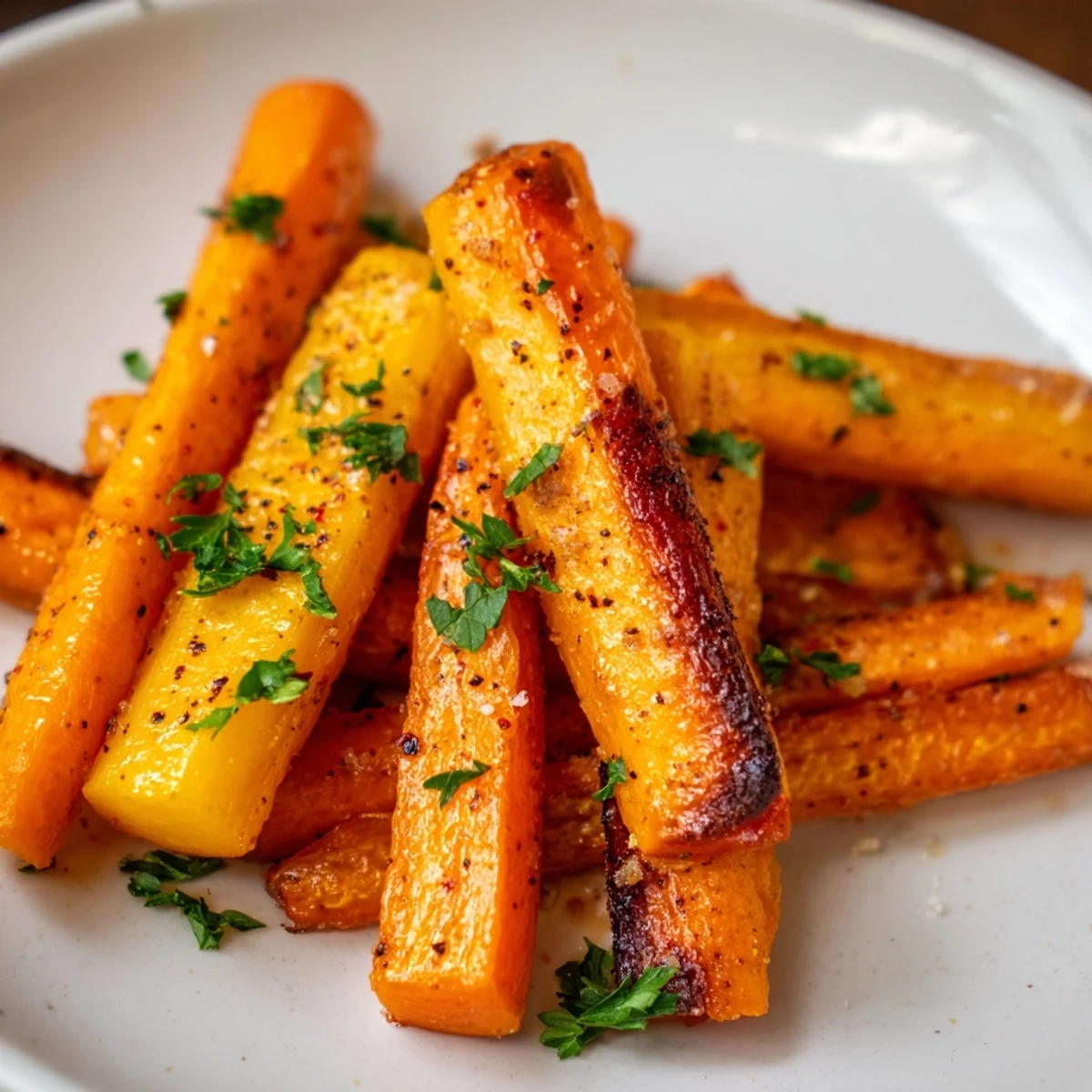 A close-up of crispy-edged roasted carrot sticks seasoned with paprika, perfect for a vegan snack or dinner side.