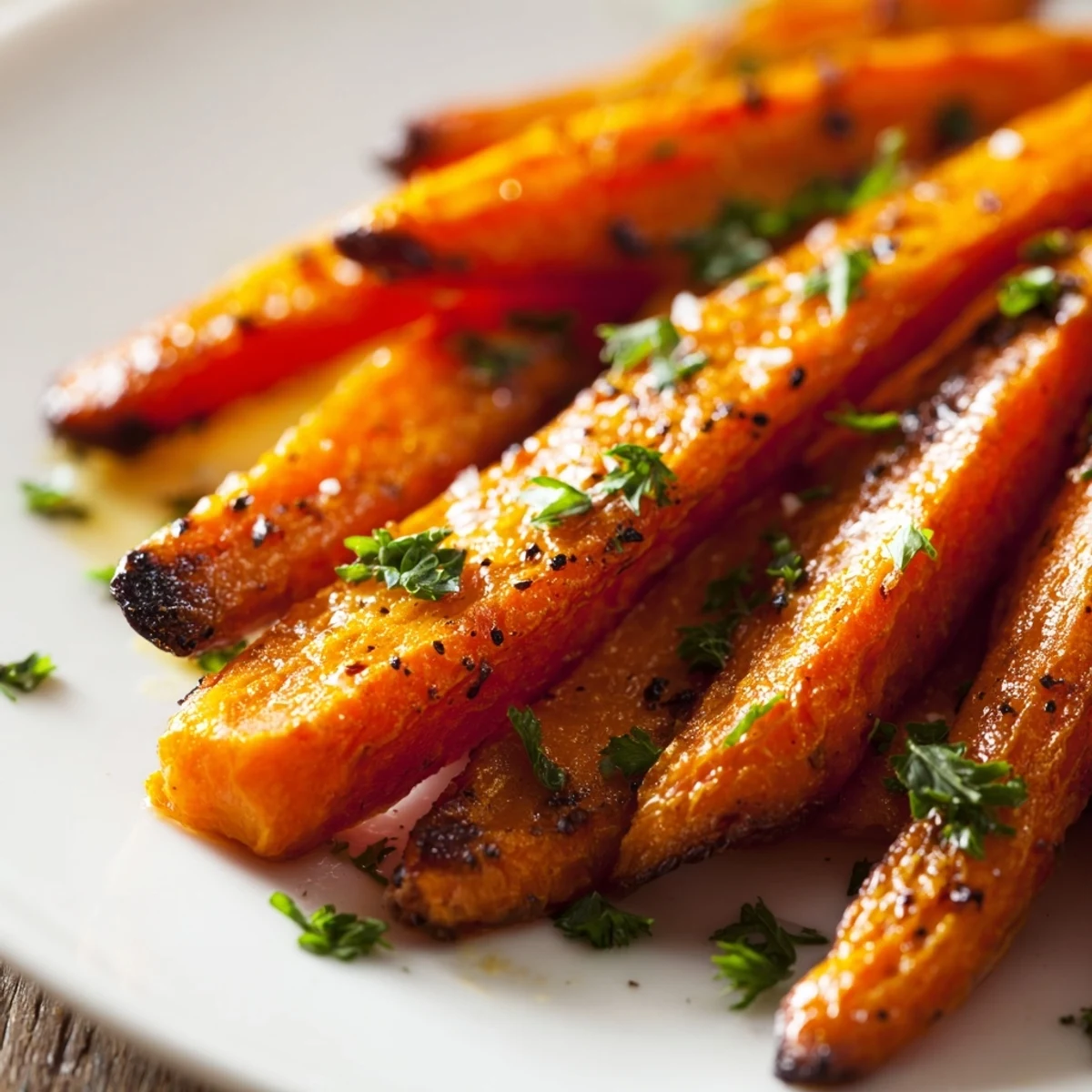 Golden roasted carrot sticks glisten on a platter, garnished with fresh parsley for a healthy side dish.