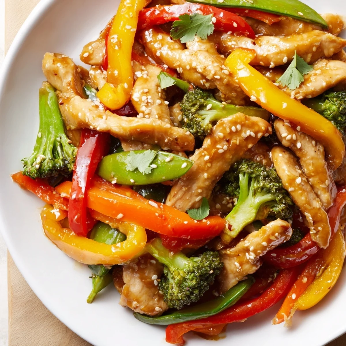 A close-up of Chicken Veggie Stir Fry glistening in a savory sauce, with crisp bell peppers and tender chicken.