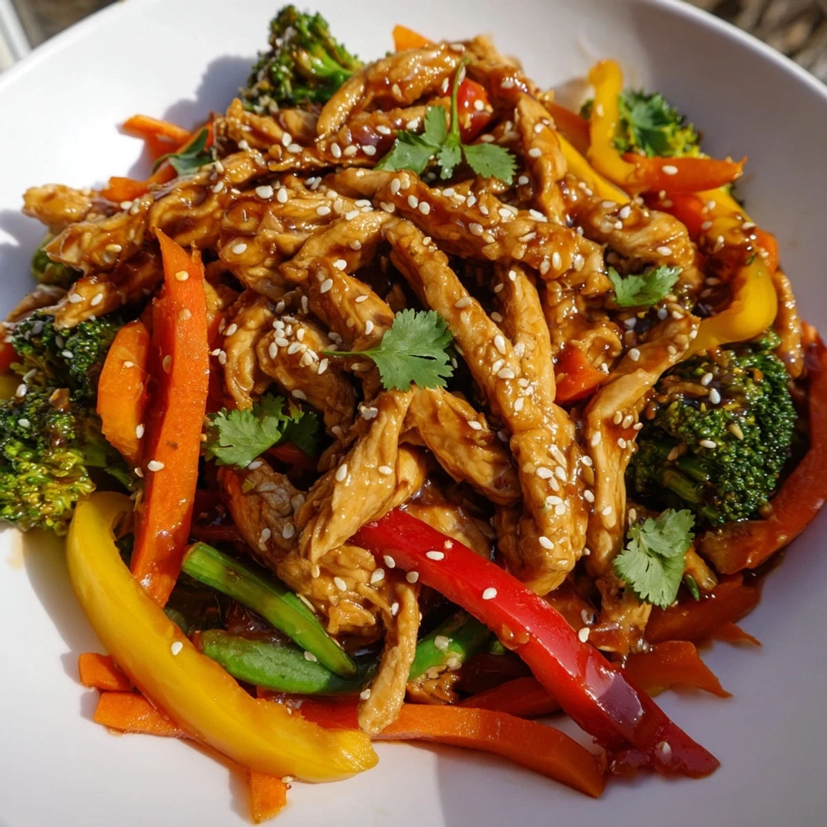Overhead view of Chicken Veggie Stir Fry on a plate, served alongside fluffy jasmine rice for a complete meal.