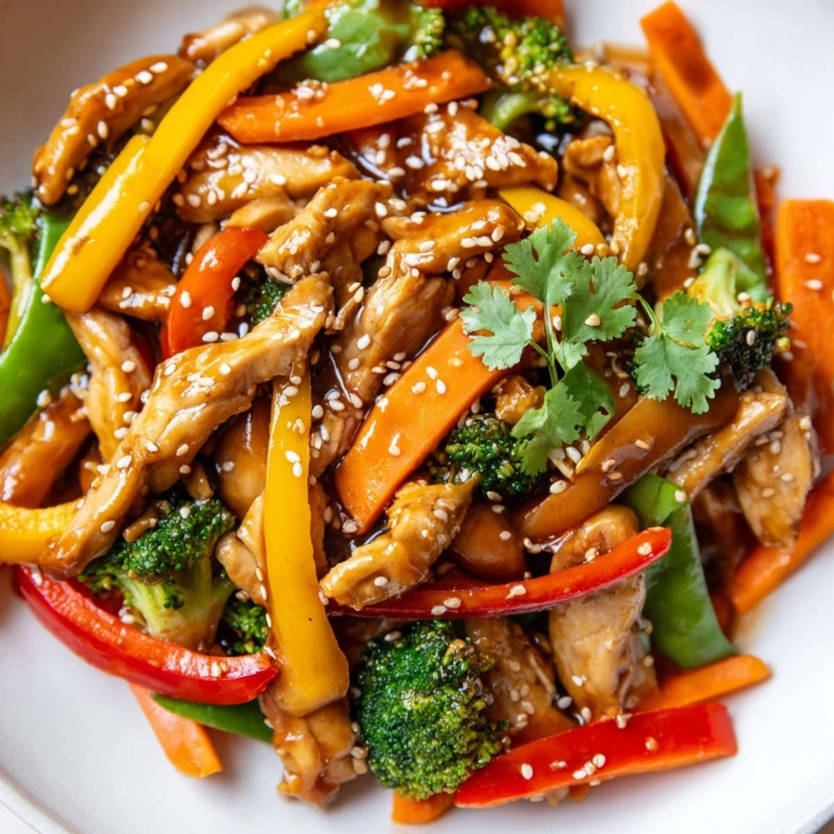Stir-frying Chicken Veggie Stir Fry in a hot wok, with colorful broccoli, snap peas, and carrots tossing.