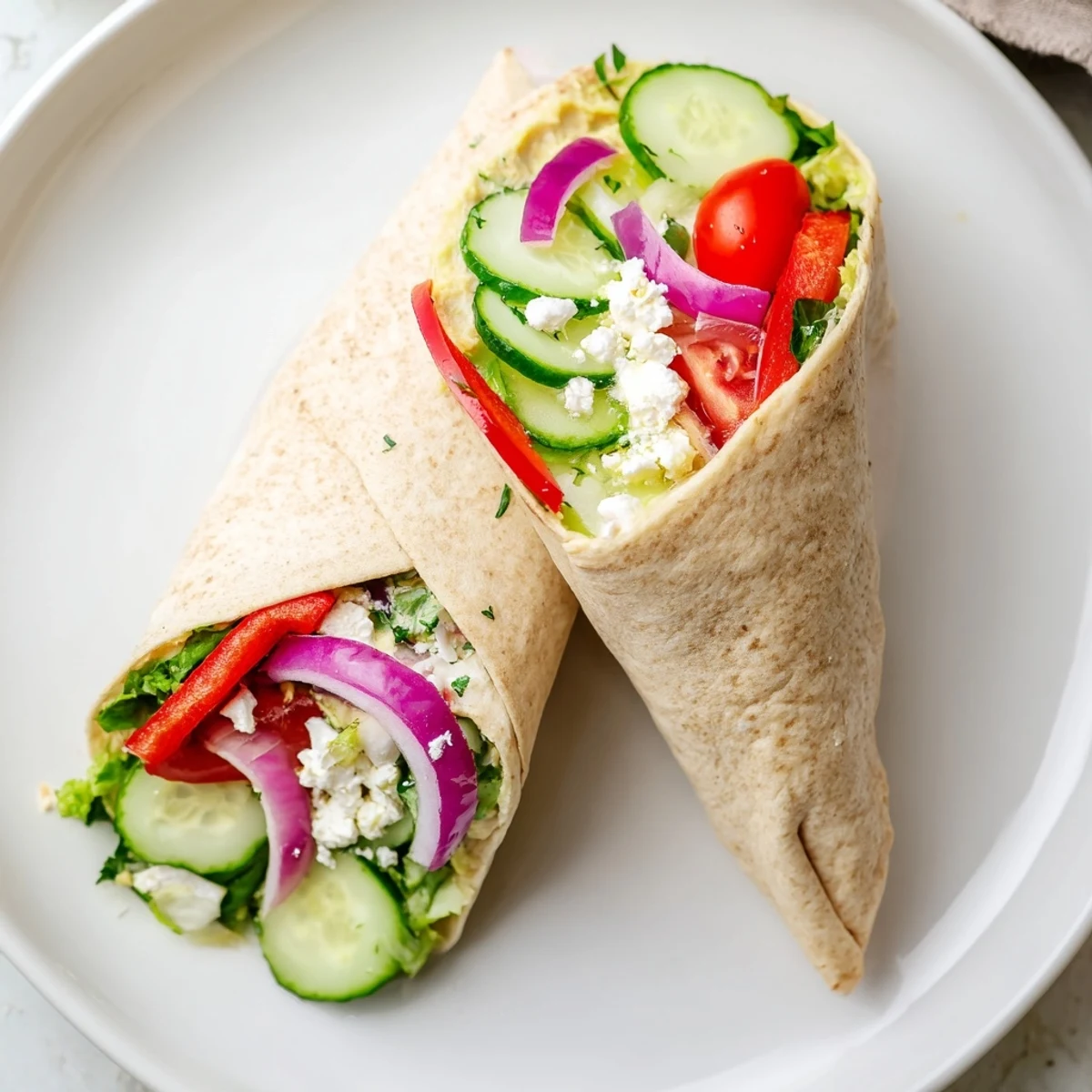 A vibrant Mediterranean Sandwich Wrap sliced on a wooden board, showcasing crisp cucumbers, cherry tomatoes, and feta.