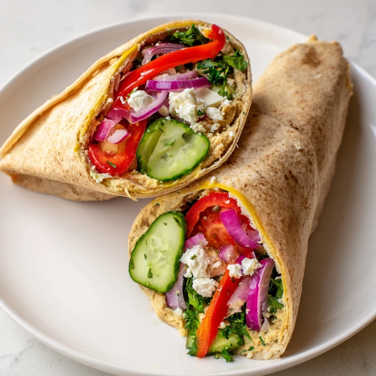 Close-up of a Mediterranean Sandwich Wrap drizzled with herb dressing, filled with hummus and colorful roasted vegetables.