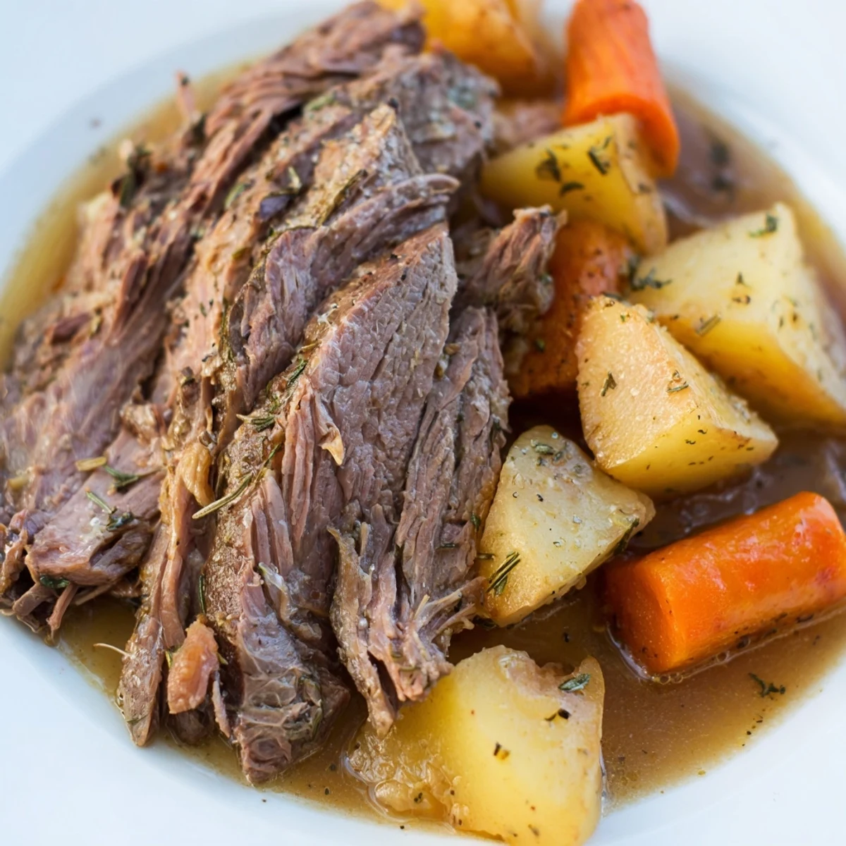 Slow Cooker Roast Beef cooked until fork-tender, served with chunky carrots and potatoes in a savory broth.