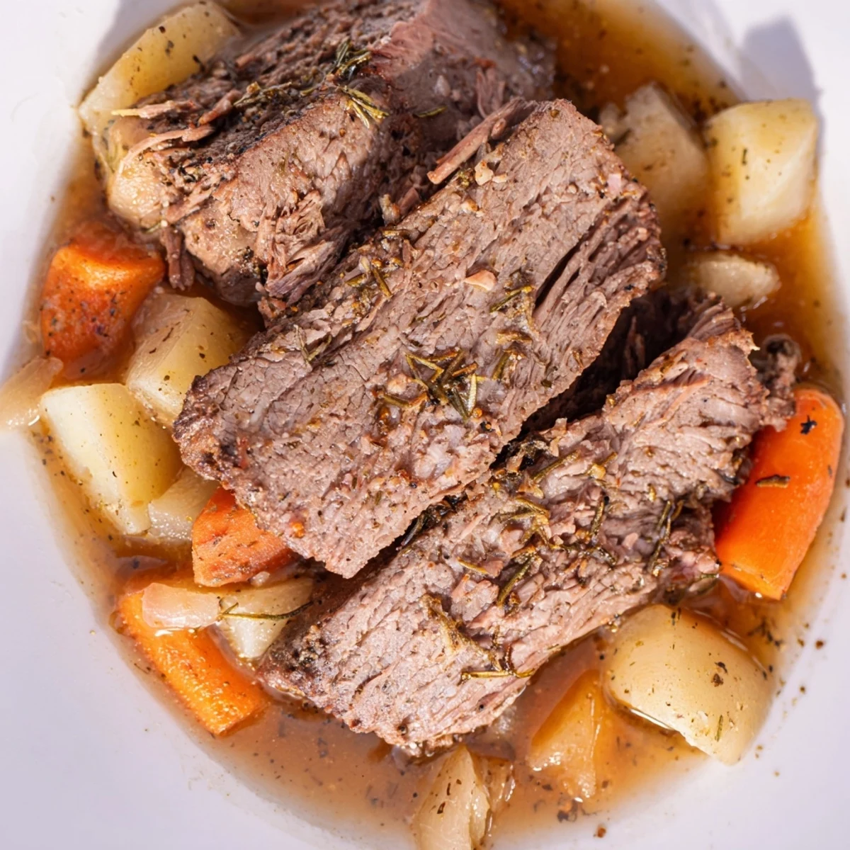 Golden Slow Cooker Roast Beef plated with glazed carrots, rustic potatoes, and a drizzle of rich cooking juices.