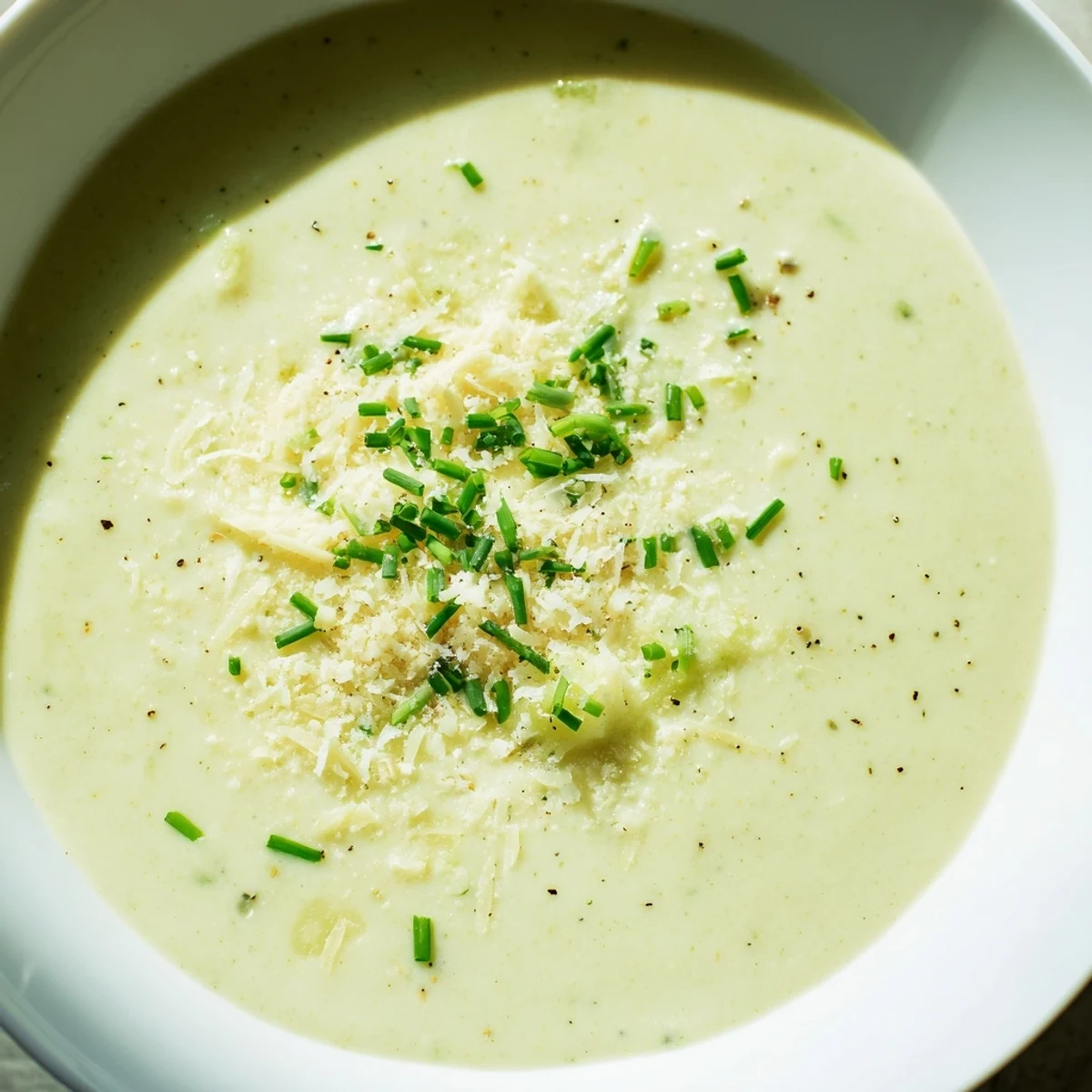 Creamy Broccoli Soup in a white bowl, garnished with chives and Parmesan, with crusty bread on the side.