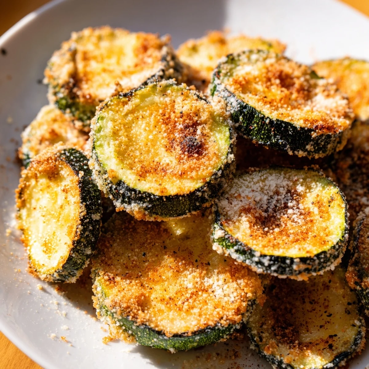 Golden brown Crispy Zucchini Chips in a rustic bowl, lightly seasoned and ready to serve. 