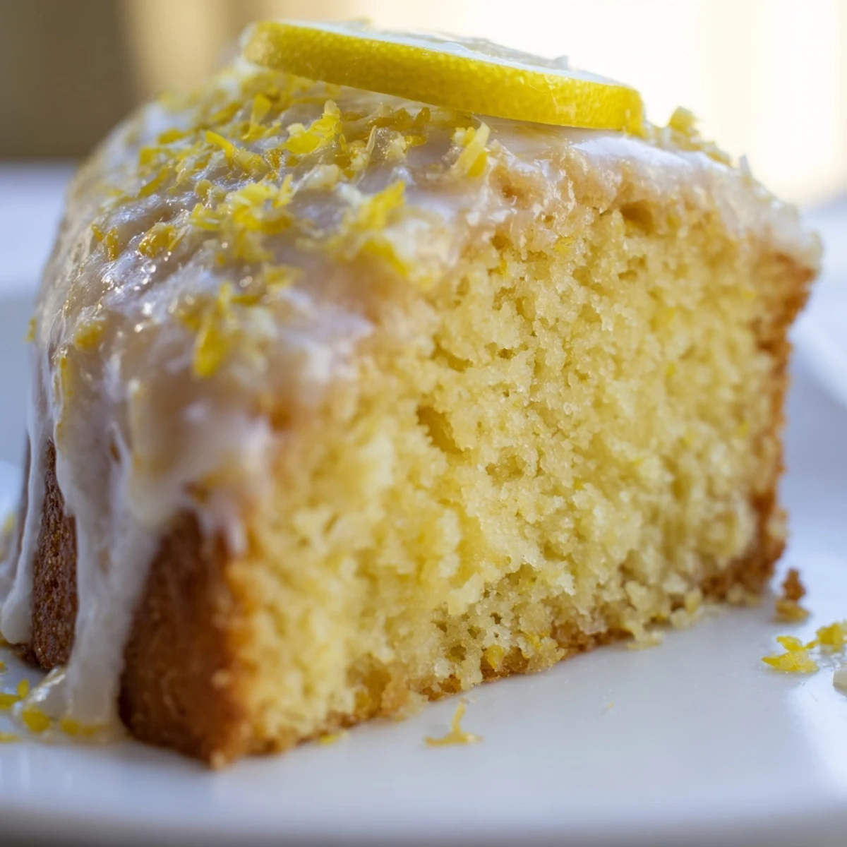 A close-up of a moist Lemon Cake Slice with a shiny glaze and lemon zest, served on a dessert plate.