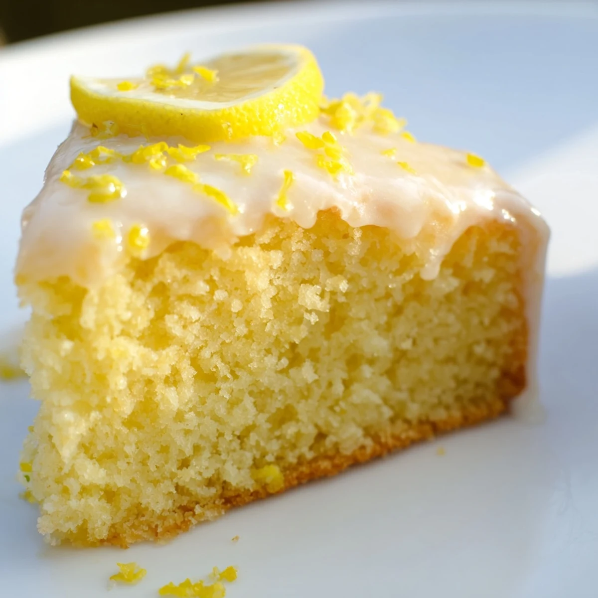 A golden Lemon Cake Slice on a wire rack, topped with a zesty glaze and fresh lemon zest.