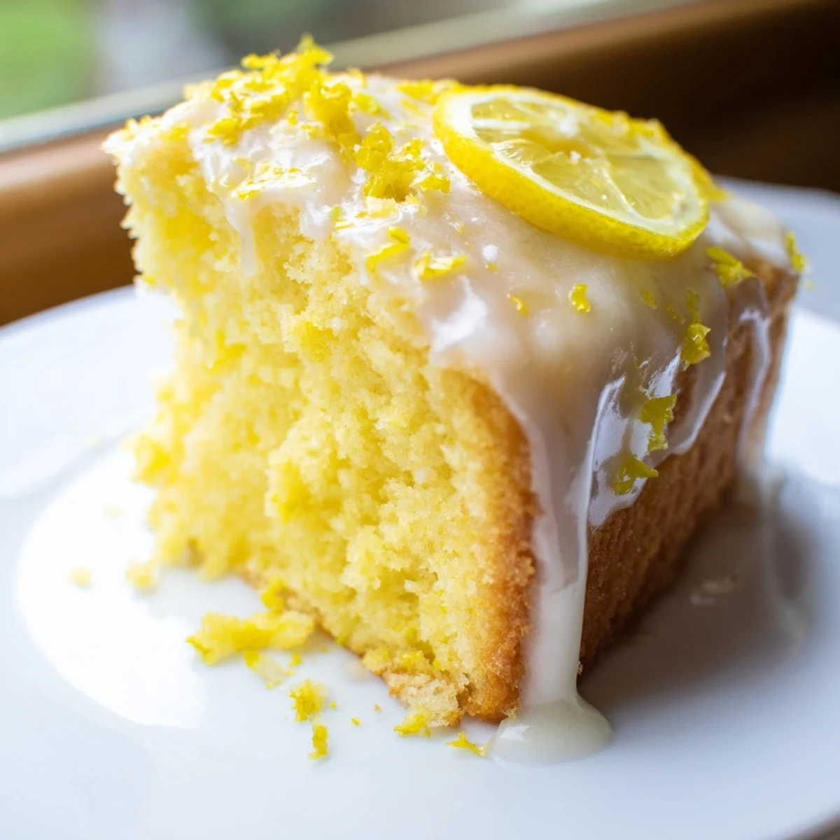 A freshly baked Lemon Cake Slice on a white plate, drizzled with glaze, ready to enjoy with tea.