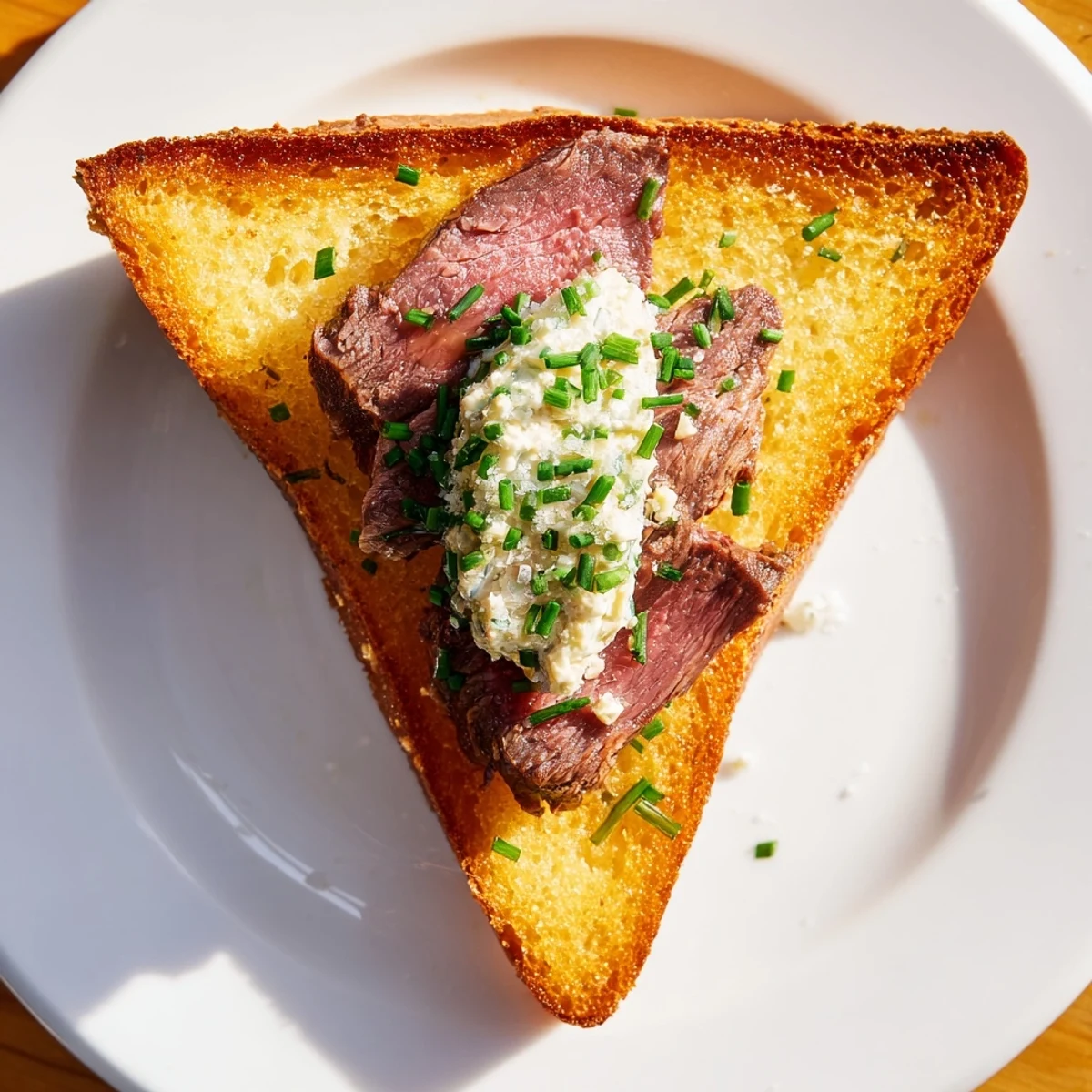 Golden-brown Beef Toast Points with seared beef, creamy horseradish sauce, and fresh chives on a platter.