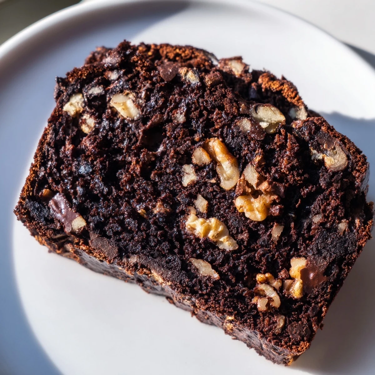A moist, freshly baked Chocolate Banana Bread loaf studded with chocolate chips on a wooden board.