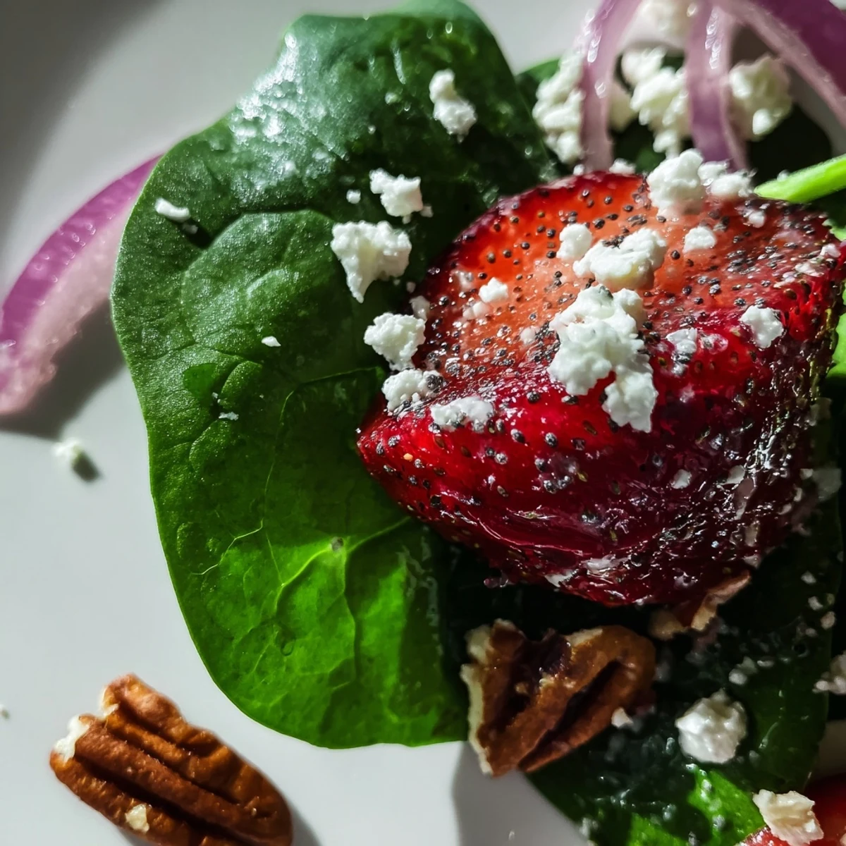 Fresh baby spinach and sliced strawberries topped with toasted pecans and feta in a bright bowl, finished with a poppy seed vinaigrette.