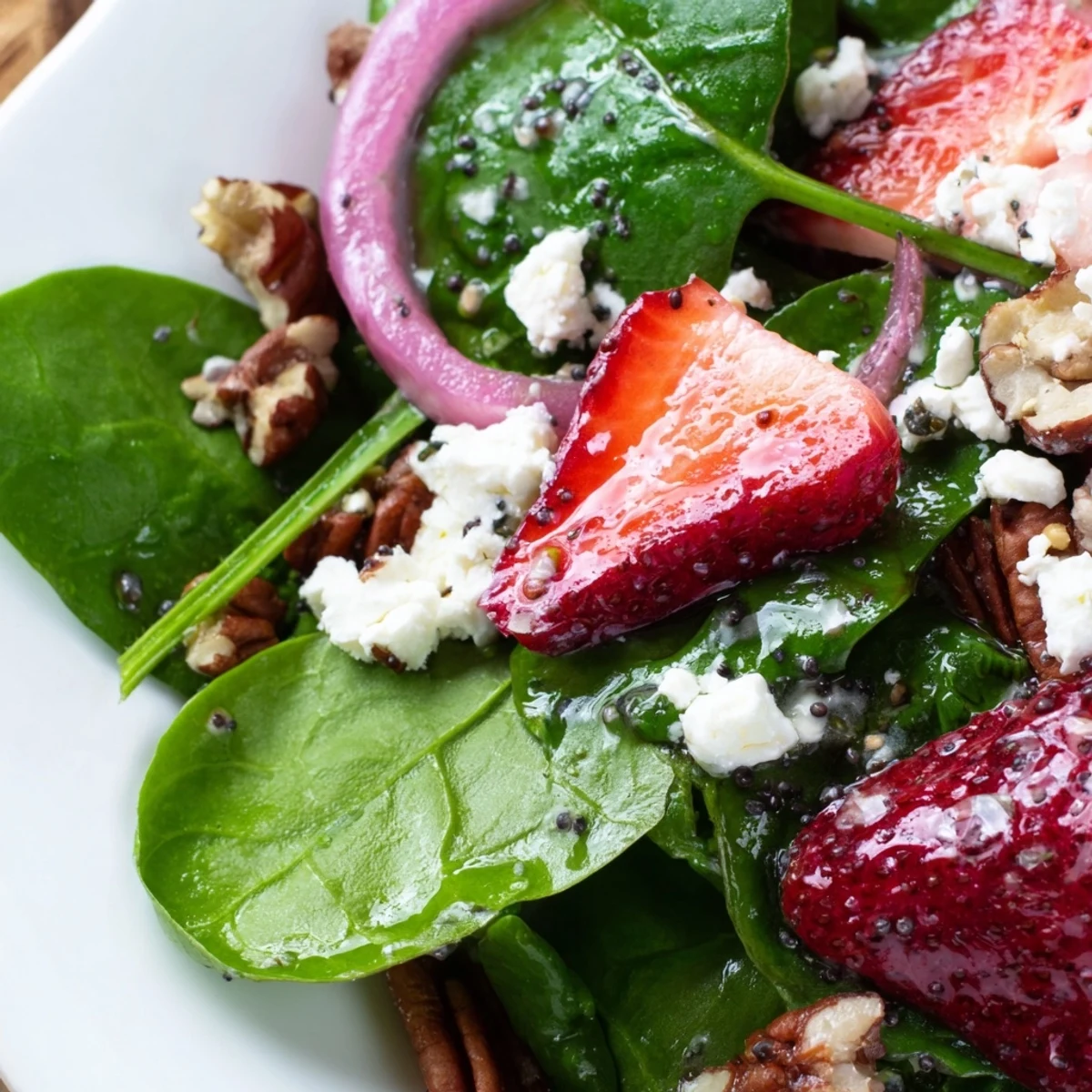 Close-up of sliced sweet strawberries and crumbled feta on spinach, drizzled with tangy homemade poppy seed vinaigrette.