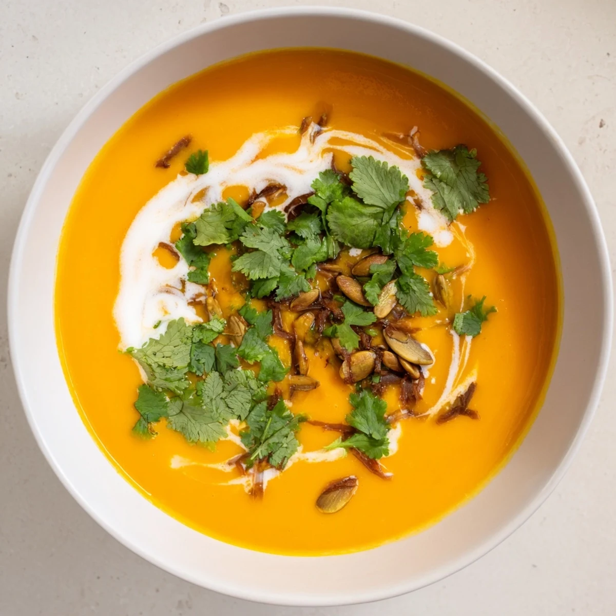 A warm bowl of Roasted Carrot and Ginger Soup with Coconut Milk, garnished with fresh cilantro and a creamy swirl.