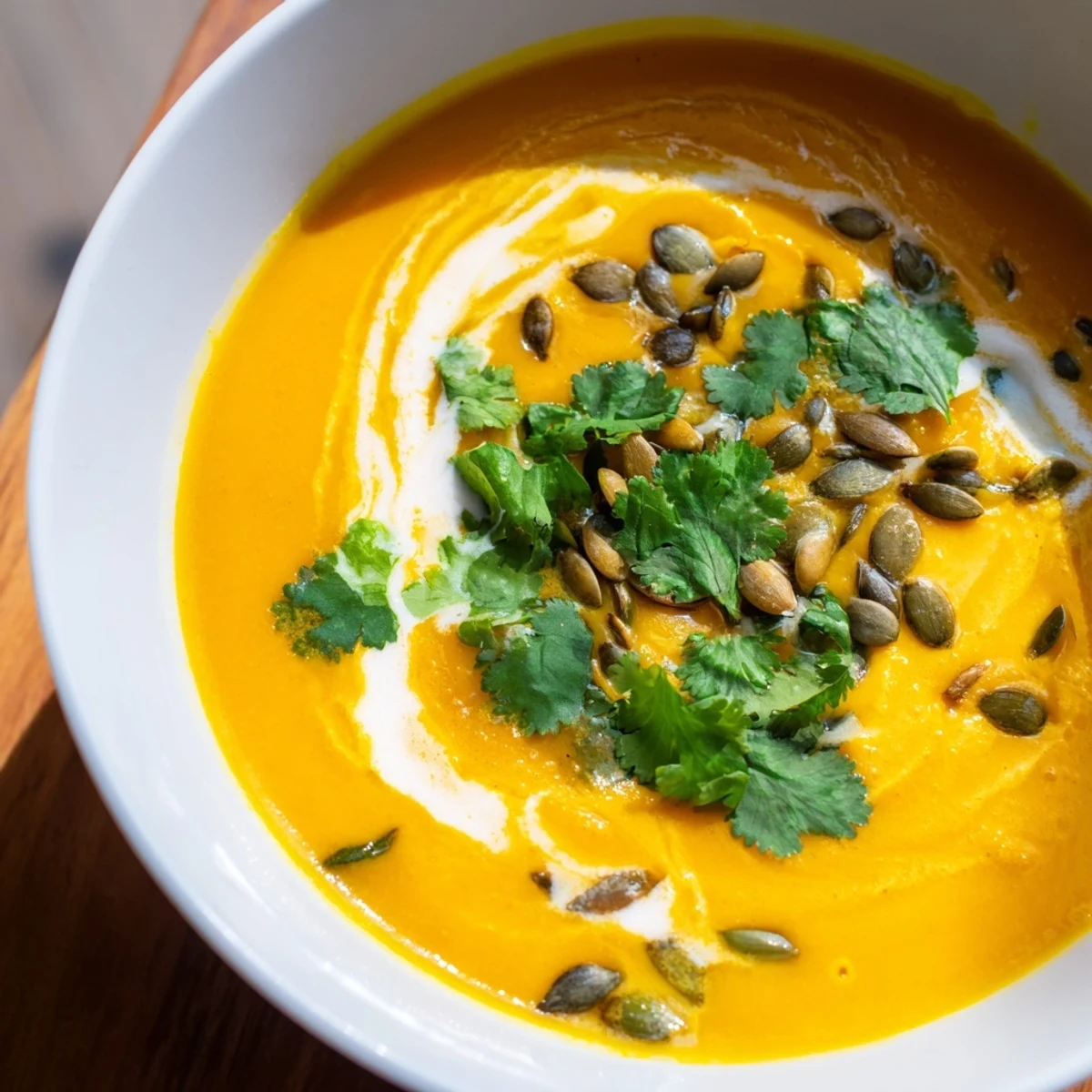 Creamy Roasted Carrot and Ginger Soup with Coconut Milk served beside toasted sourdough bread on a rustic table.
