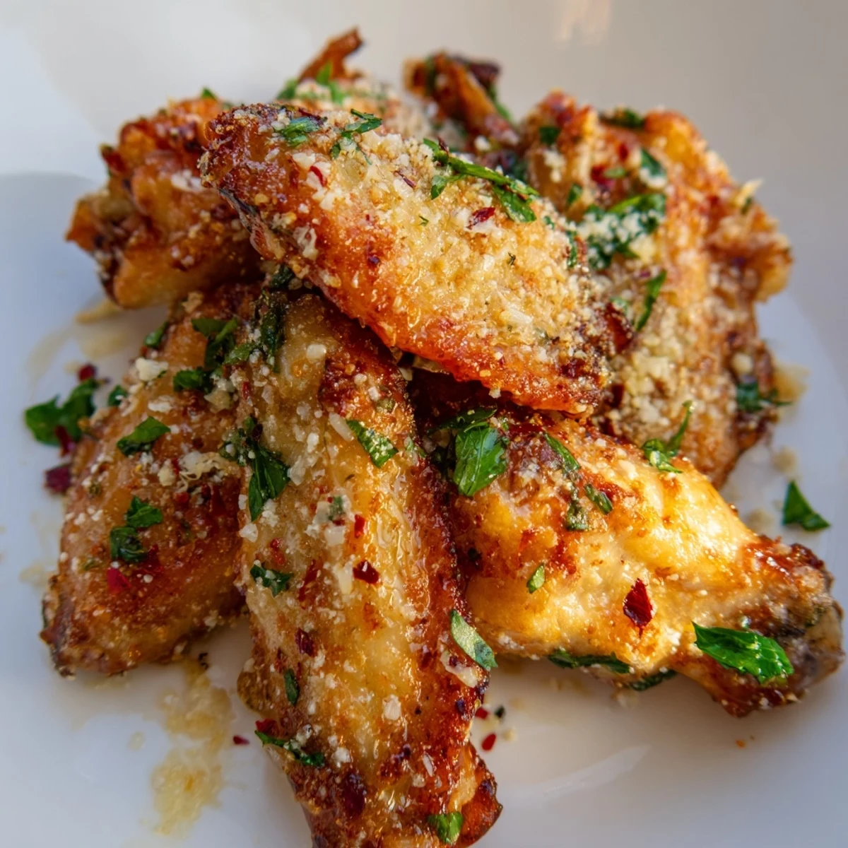 Golden and crispy Air Fryer Garlic Parmesan Chicken Wings tossed in a rich sauce, perfect for a game day snack or party platter.