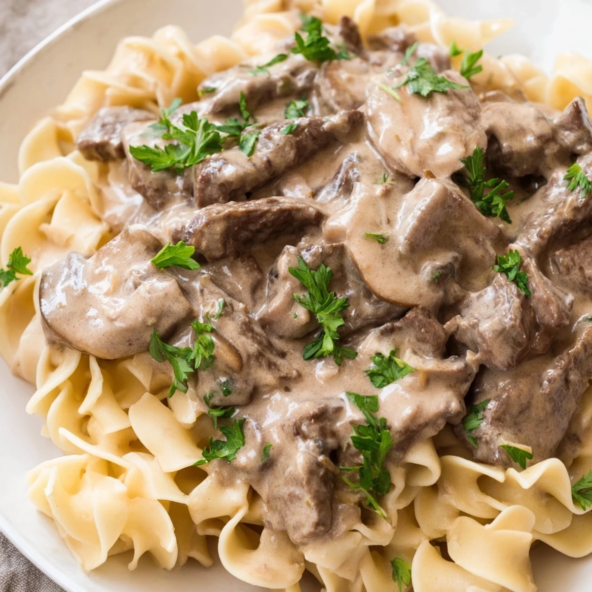 A skillet of sizzling beef stroganoff beside a bowl of wide egg noodles.