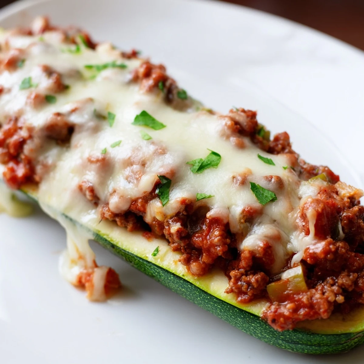 Golden-brown Zucchini Boats Stuffed with Ground Beef topped with bubbly, melted mozzarella cheese.