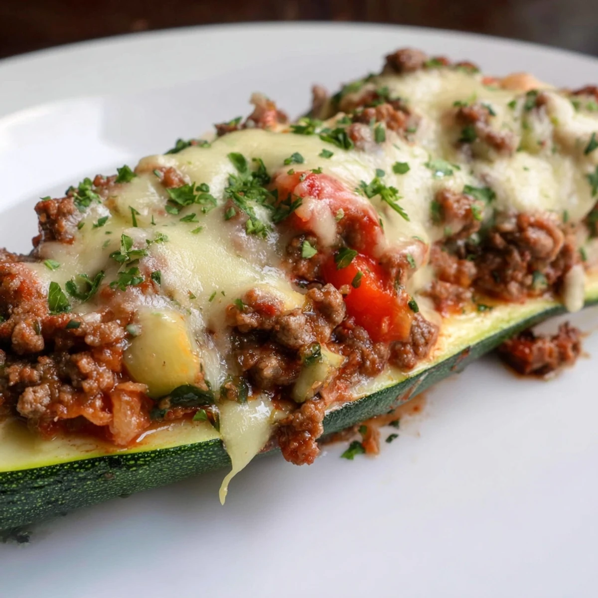 Zucchini Boats Stuffed with Ground Beef served hot with fresh parsley garnish.