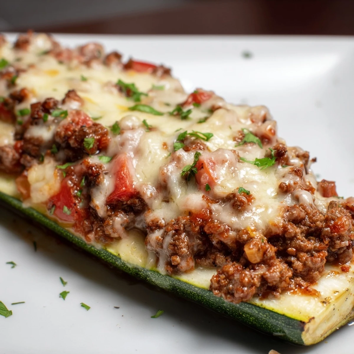 Freshly baked Zucchini Boats Stuffed with Ground Beef revealing a savory beef and tomato filling.