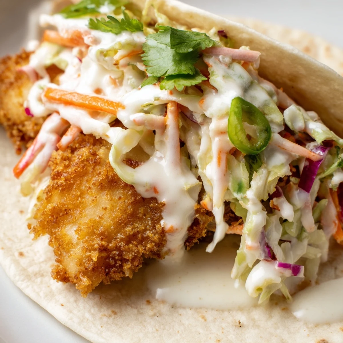 Crispy Fish Tacos with Cabbage Slaw are garnished with cilantro and lime wedges on a plate.