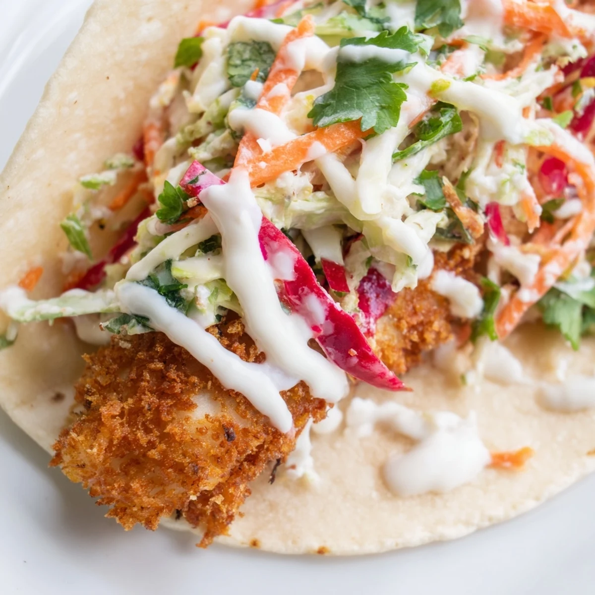 Golden fish tacos filled with crunchy slaw and creamy sauce, ready for a delicious family dinner.