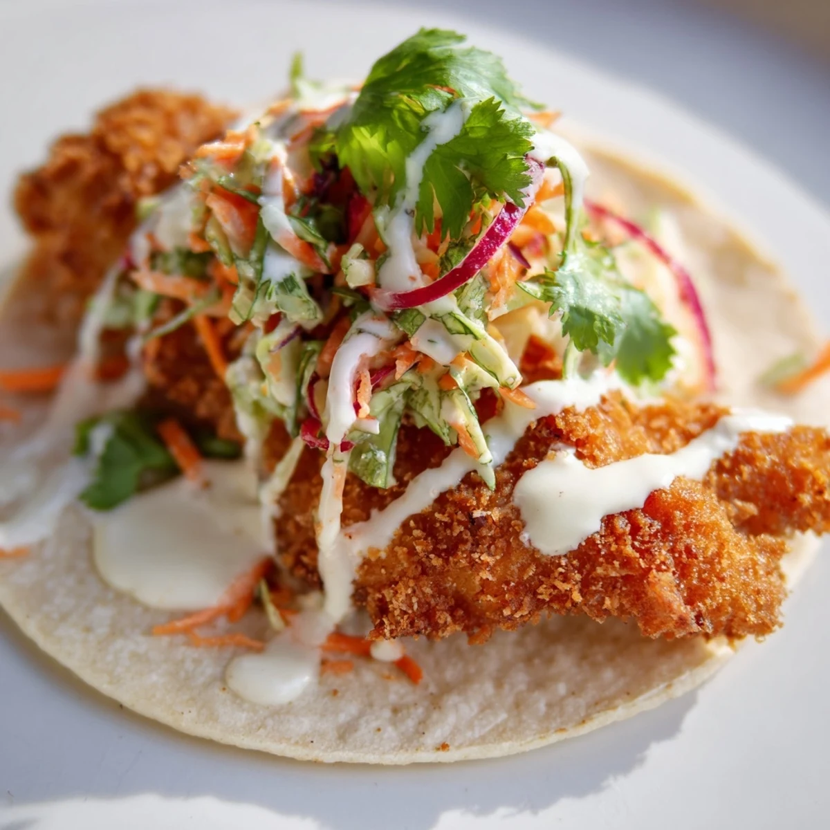 Warm tortillas hold crispy fried fish, topped with vibrant cabbage slaw and a drizzle of sauce.