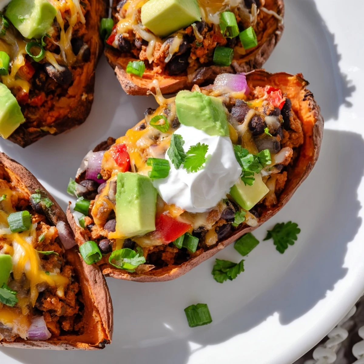 Four Loaded Sweet Potato Skins with Black Beans arranged on a platter, garnished with sour cream, green onions, and fresh lime wedges.