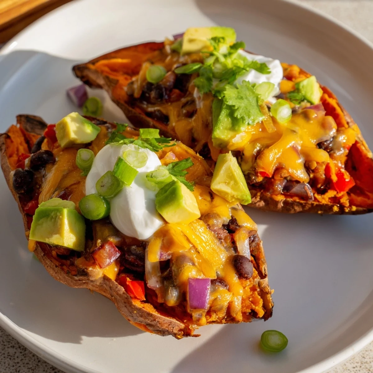 Golden brown Loaded Sweet Potato Skins with Black Beans, brimming with spiced beans and topped with melted cheese, avocado, and cilantro.