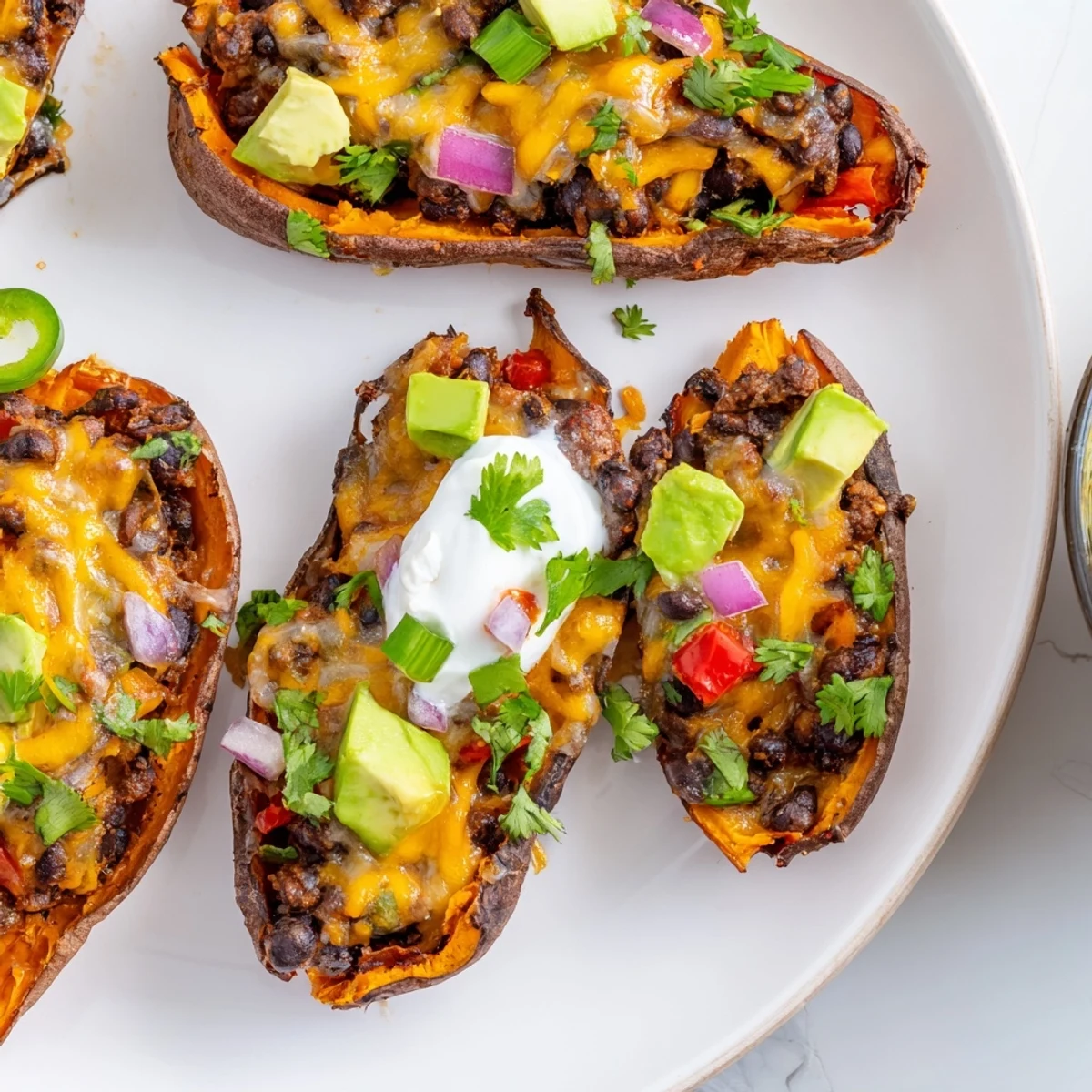 Crisp Loaded Sweet Potato Skins with Black Beans steaming slightly, showcasing a hearty bean, pepper, and onion filling under bubbly cheese.