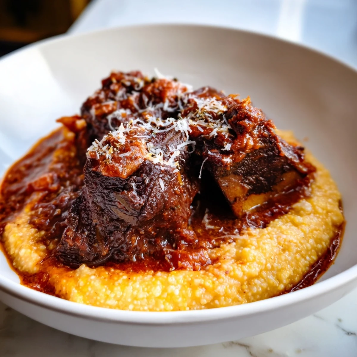 Creamy Polenta with Braised Beef Short Ribs served in a rustic bowl, featuring tender meat falling off the bone atop velvety, buttery polenta with a rich, glossy sauce.