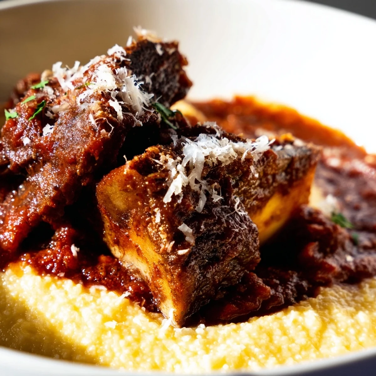 Hearty Creamy Polenta with Braised Beef Short Ribs plated beside crisp greens, showcasing savory shredded beef and creamy, golden polenta ready to be enjoyed.