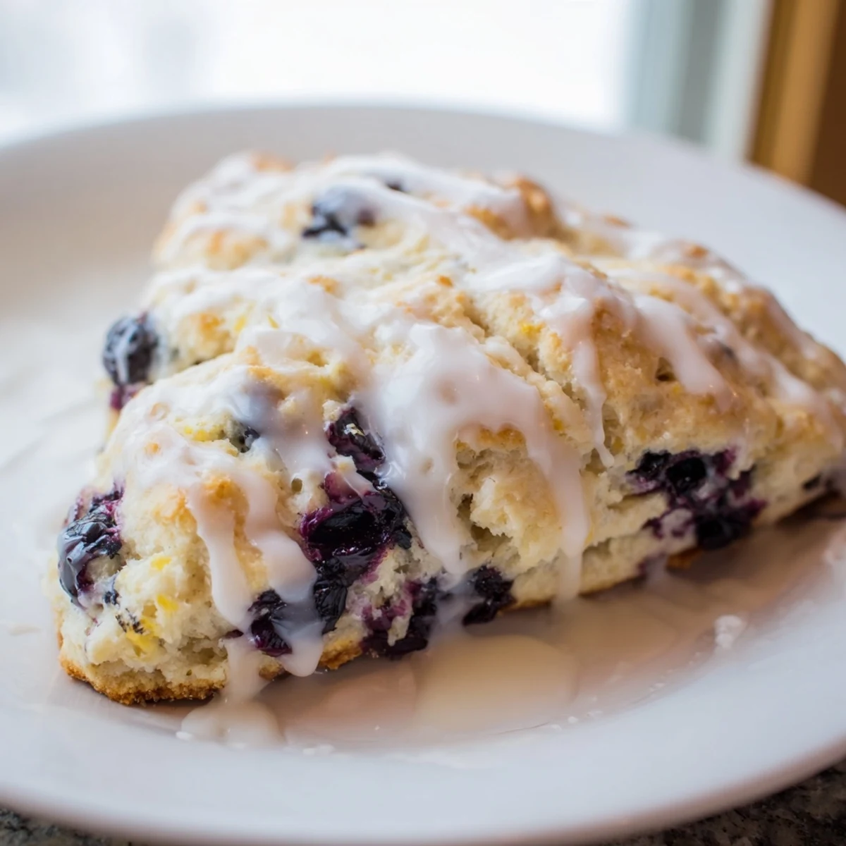 Freshly baked Lemon Blueberry Scones with Vanilla Glaze on a rustic wooden board, steam rising.