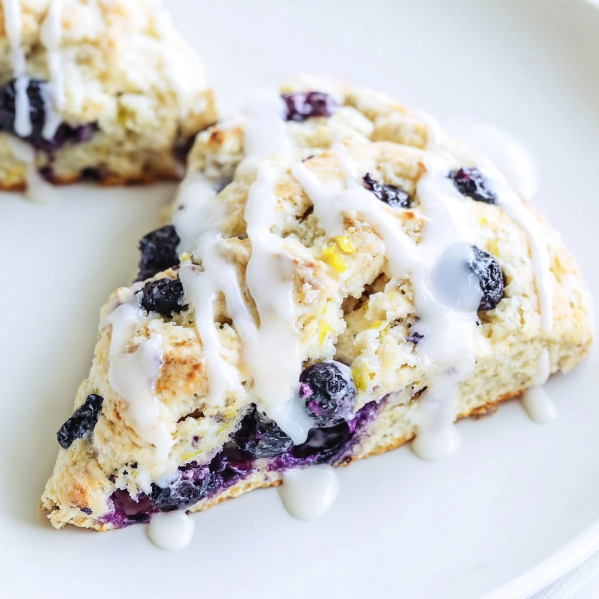 Homemade Lemon Blueberry Scones with Vanilla Glaze paired with a steaming cup of tea.