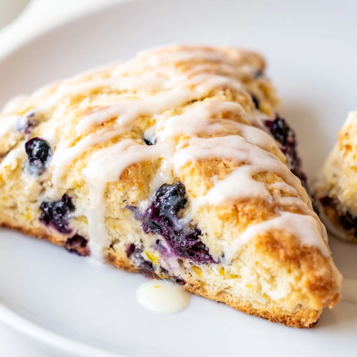Eight golden Lemon Blueberry Scones with Vanilla Glaze drizzled over a white ceramic serving platter.