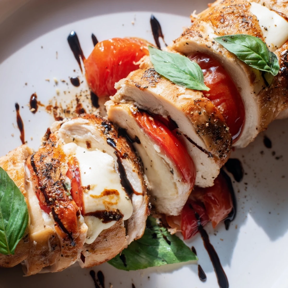 Golden-brown Caprese Stuffed Chicken Breast with melted mozzarella and fresh tomatoes, drizzled with balsamic glaze.