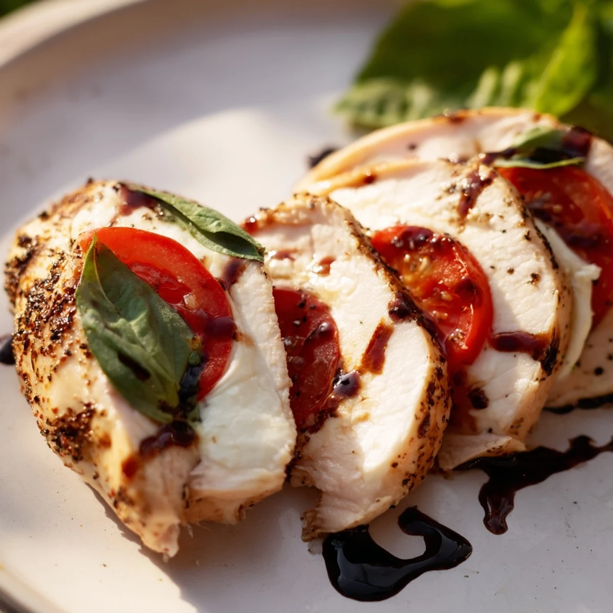 Sliced Caprese Stuffed Chicken Breast revealing juicy interior, melted mozzarella, and vibrant tomato and basil filling.