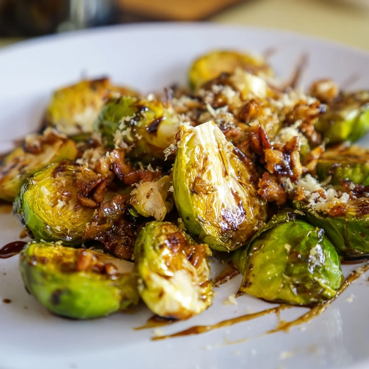 Roasted Brussels sprouts with turkey bacon served warm, garnished with Parmesan alongside roasted chicken on a plate.