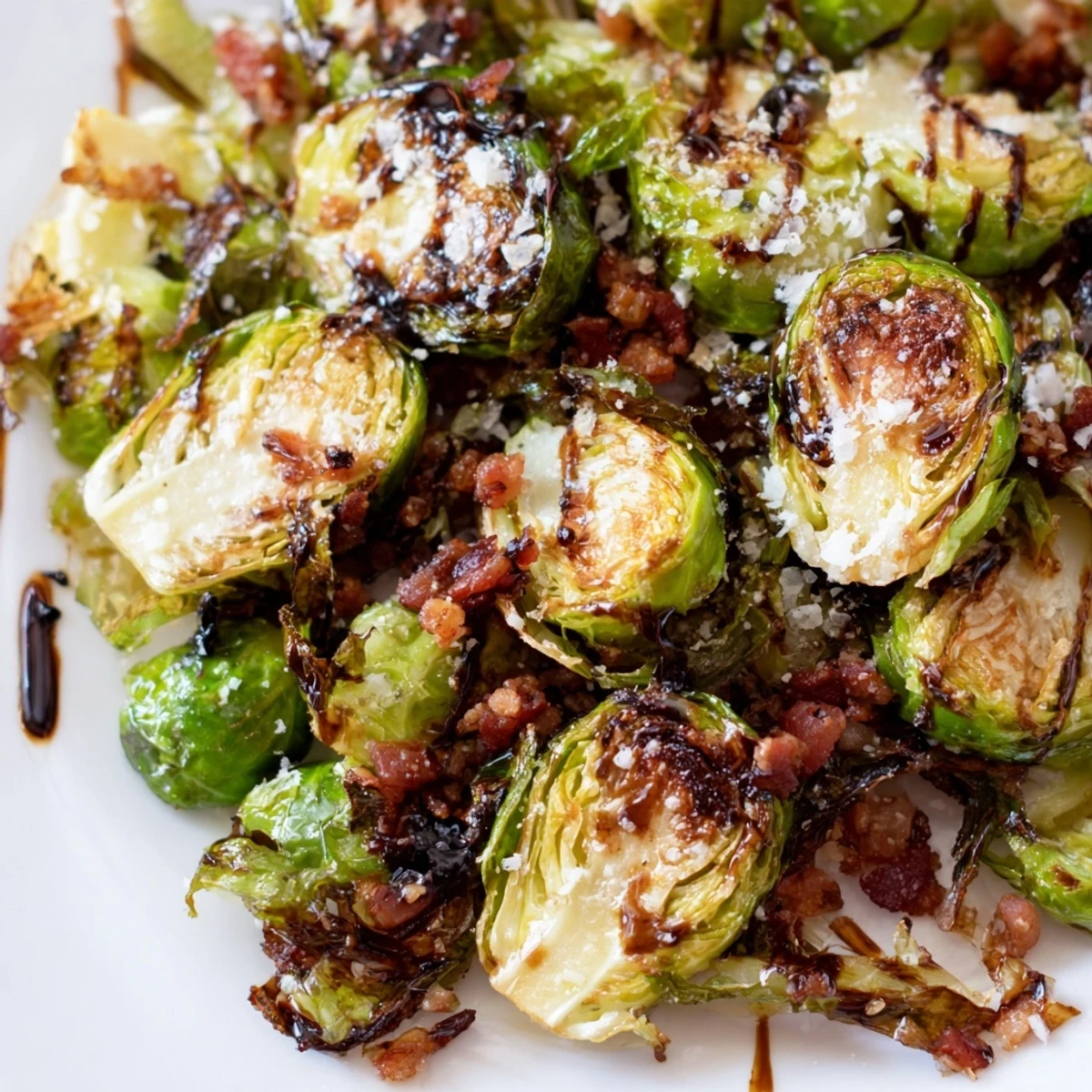 Tender roasted Brussels sprouts tossed with savory turkey bacon, drizzled with balsamic vinegar for a flavorful side.