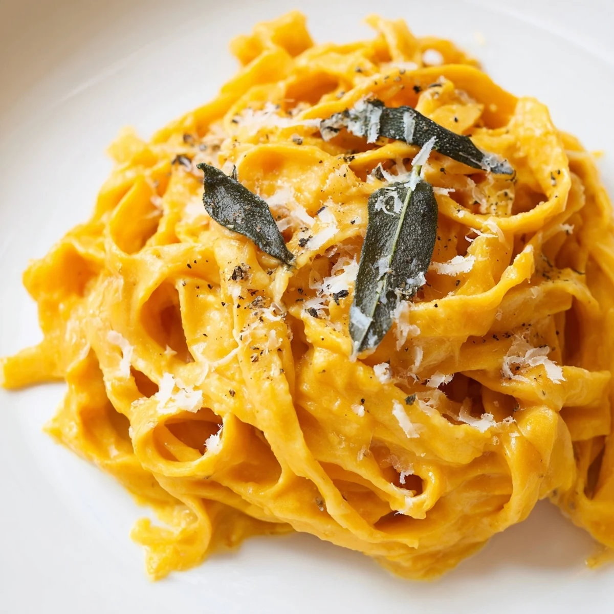Creamy Pumpkin and Sage Pasta Sauce coats fettuccine, topped with extra Parmesan and fresh sage leaves.