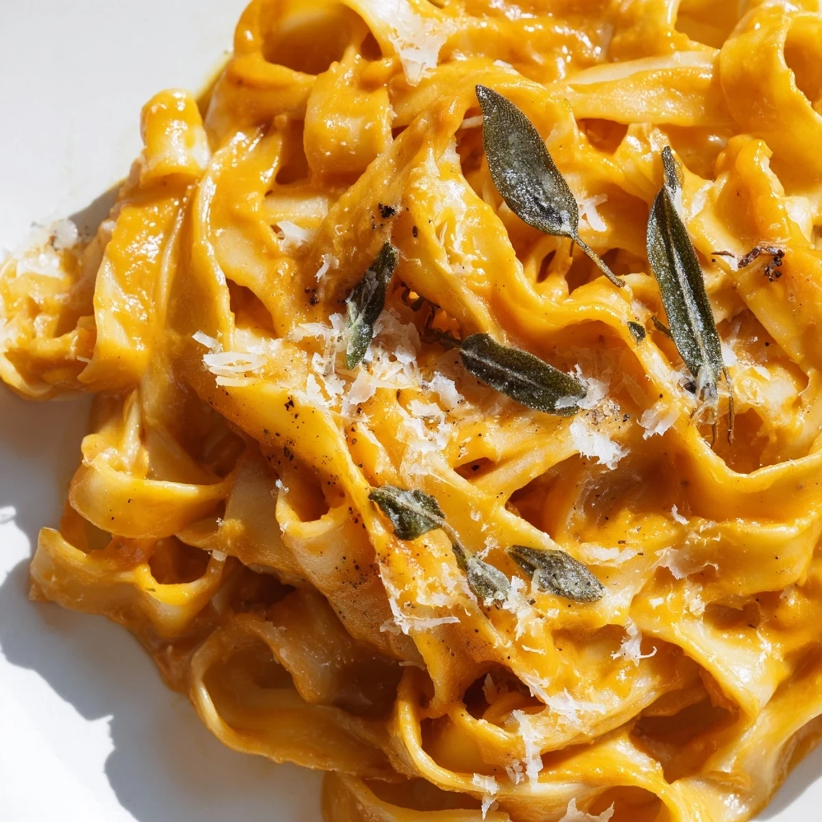 A warm skillet of Creamy Pumpkin and Sage Pasta Sauce beside rustic bread and white wine.